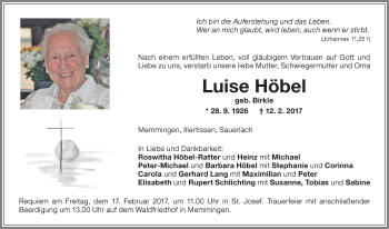 Traueranzeige von Luise Höbel von Memminger Zeitung