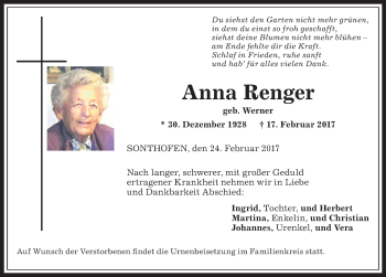 Traueranzeige von Anna Renger von Allgäuer Anzeigeblatt