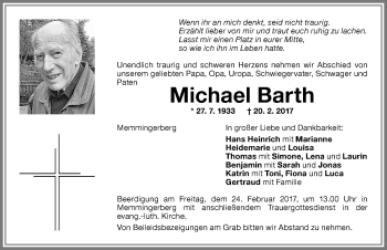 Traueranzeige von Michael Barth von Memminger Zeitung