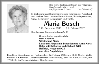 Traueranzeige von Maria Bosch von Allgäuer Zeitung, Kaufbeuren/Buchloe