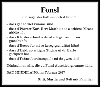 Traueranzeige von Fonsl  von Allgäuer Anzeigeblatt
