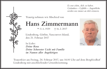 Traueranzeige von Hans Zimmermann von Der Westallgäuer