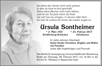 Traueranzeige von Ursula Sontheimer von Allgäuer Zeitung, Marktoberdorf
