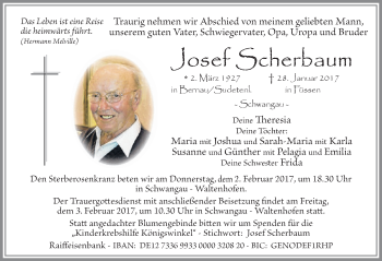 Traueranzeige von Josef Scherbaum von Allgäuer Zeitung, Füssen