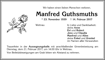Traueranzeige von Manfred Guthsmuths von Allgäuer Zeitung,Kempten