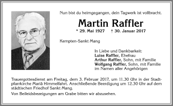 Traueranzeige von Martin Raffler von Allgäuer Zeitung,Kempten