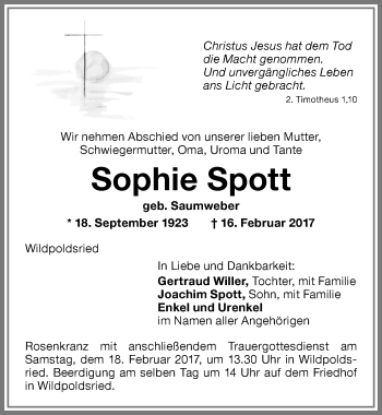 Traueranzeige von Sophie Spott von Allgäuer Zeitung,Kempten