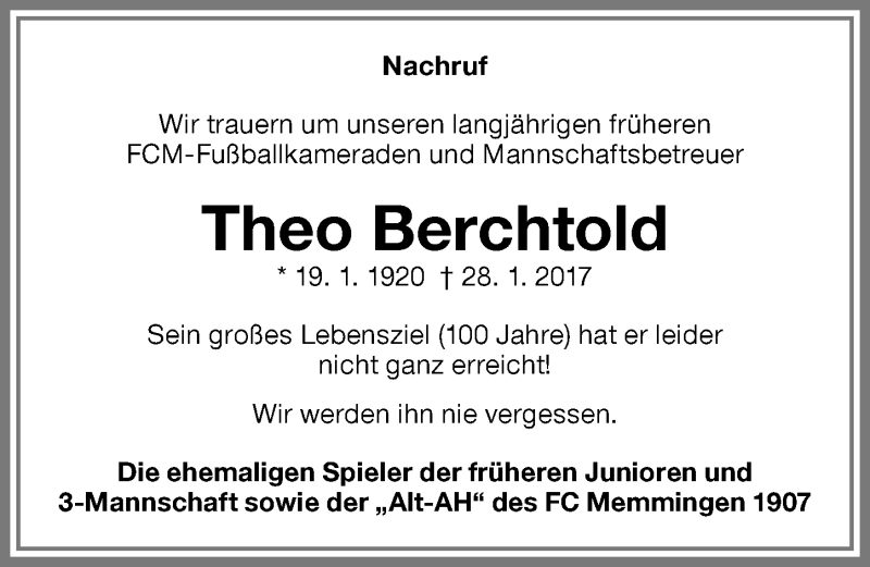 Traueranzeige für Theo Berchtold vom 02.02.2017 aus Memminger Zeitung