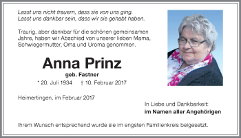 Traueranzeige von Anna Prinz von Memminger Zeitung