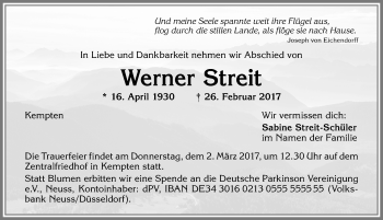 Traueranzeige von Werner Streit von Allgäuer Zeitung,Kempten