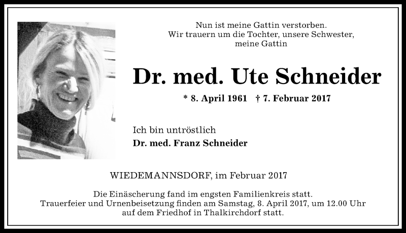  Traueranzeige für Ute Schneider vom 18.02.2017 aus Allgäuer Zeitung
