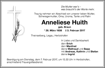 Traueranzeige von Anneliese Huith von Memminger Zeitung