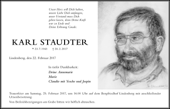 Traueranzeige von Karl Staudter von Der Westallgäuer