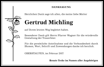 Traueranzeige von Gertrud Michling von Allgäuer Anzeigeblatt