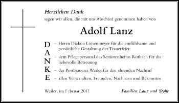 Traueranzeige von Adolf Lanz von Der Westallgäuer