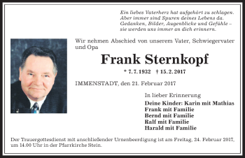 Traueranzeige von Frank Sternkopf von Allgäuer Anzeigeblatt