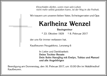 Traueranzeige von Karlheinz Wenzel von Allgäuer Zeitung, Kaufbeuren/Buchloe