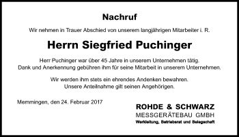 Traueranzeige von Siegfried Puchinger von Memminger Zeitung