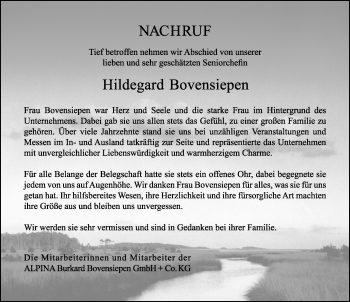Traueranzeige von Hildegard Bovensiepen von Allgäuer Zeitung, Kaufbeuren/Buchloe