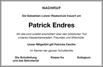 Traueranzeige von Patrick Endres von Memminger Zeitung