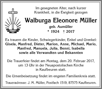 Traueranzeige von Walburga Eleonore Müller von Allgäuer Zeitung, Kaufbeuren/Buchloe