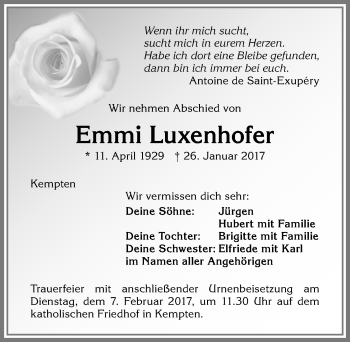 Traueranzeige von Emmi Luxenhofer von Allgäuer Zeitung,Kempten