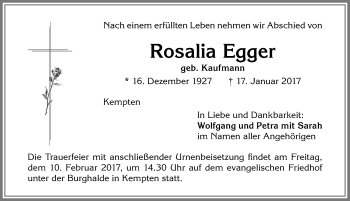 Traueranzeige von Rosalia Egger von Allgäuer Zeitung,Kempten