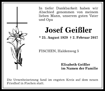 Traueranzeige von Josef Geißler von Allgäuer Anzeigeblatt