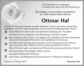 Traueranzeige von Ottmar Haf von Allgäuer Zeitung, Kaufbeuren/Buchloe