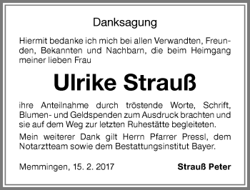 Traueranzeige von Ulrike Strauß von Memminger Zeitung
