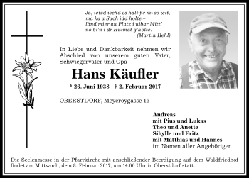 Traueranzeige von Hans Käufler von Allgäuer Anzeigeblatt
