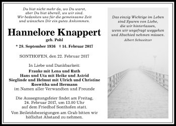 Traueranzeige von Hannelore Knappert von Allgäuer Anzeigeblatt