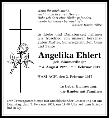 Traueranzeige von Angelika Ehlert von Allgäuer Zeitung,Kempten