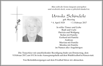 Traueranzeige von Ursula Schindele von Allgäuer Zeitung, Füssen