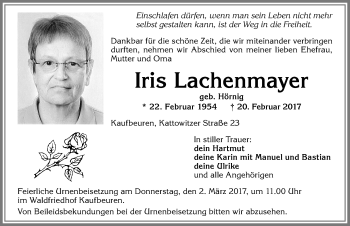 Traueranzeige von Iris Lachenmayer von Allgäuer Zeitung