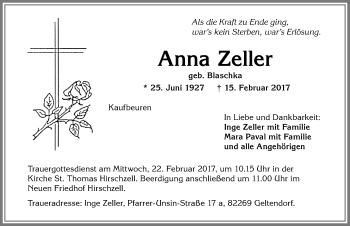 Traueranzeige von Anna Zeller von Allgäuer Zeitung, Kaufbeuren/Buchloe
