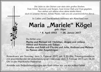 Traueranzeige von Maria Kögel von Allgäuer Zeitung,Kempten