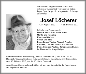 Traueranzeige von Josef Löcherer von Allgäuer Zeitung, Kaufbeuren/Buchloe