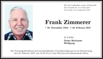 Traueranzeige von Frank Zimmerer von Allgäuer Anzeigeblatt