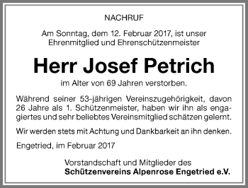 Traueranzeige von Josef Petrich von Memminger Zeitung