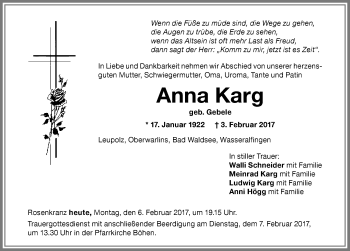 Traueranzeige von Anna Karg von Memminger Zeitung