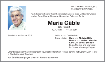 Traueranzeige von Maria Gäble von Memminger Zeitung