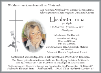 Traueranzeige von Elisabeth Franz von Allgäuer Zeitung, Füssen