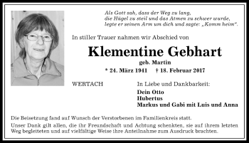 Traueranzeige von Klementine Gebhart von Allgäuer Anzeigeblatt