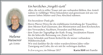Traueranzeige von Helene Heiserer von Allgäuer Zeitung, Füssen