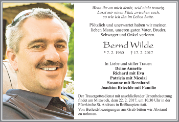 Traueranzeige von Bernd Wilde von Allgäuer Zeitung, Füssen