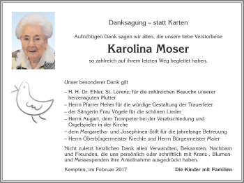 Traueranzeige von Karolina Moser von Allgäuer Zeitung,Kempten