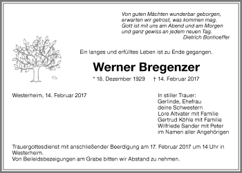 Traueranzeige von Werner Bregenzer von Memminger Zeitung