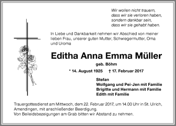 Traueranzeige von Editha Anna Müller von Memminger Zeitung