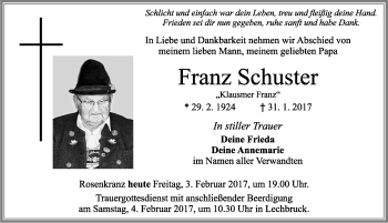 Traueranzeige von Franz Schuster von Allgäuer Zeitung, Füssen